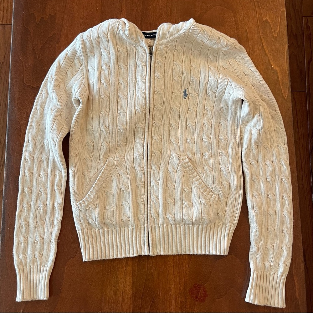 Ralph Lauren sport cream full zip cable knit hooded sweater size small.